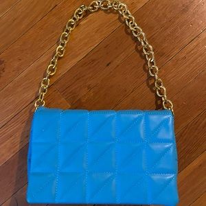 Gold chain quilted flap bag blue teal purse clutch shoulder